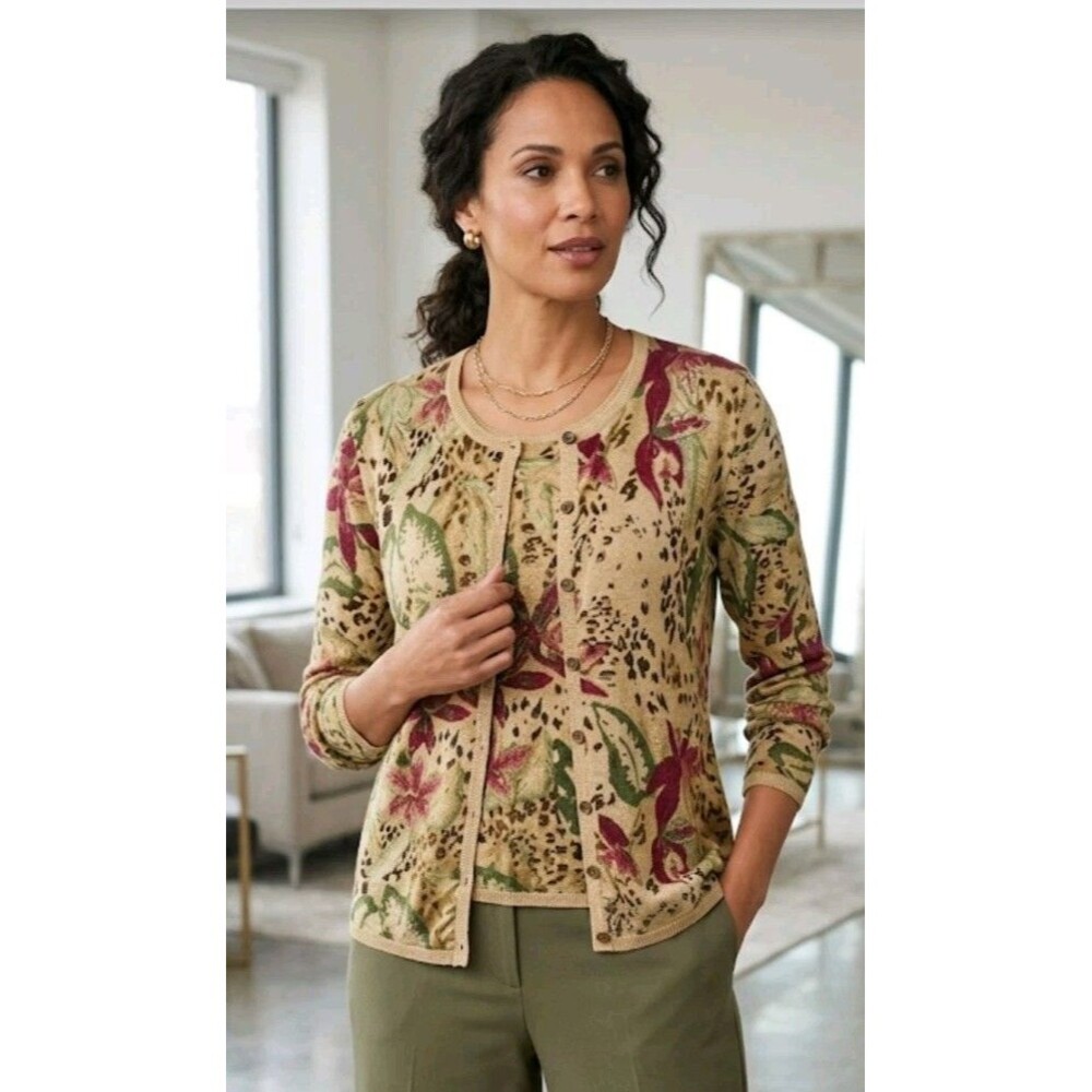 Sari Jacobs 2 Piece Sweater/Top Size L Brown Floral Rayon